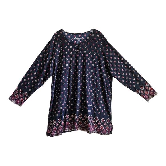 ULLA POPKEN Plus 20 22 Tunic Top Black Burgundy Geometric Keyhole Relaxed 52" - Picture 1 of 7